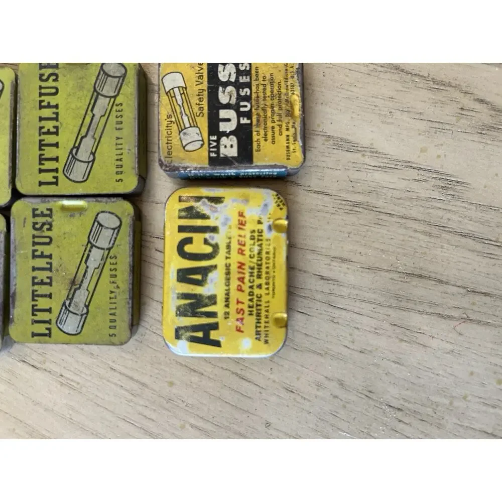 6* VTG Tin Automotive Fuses Boxes Buss Littelfuse Anacin pain “fuses R Inside”